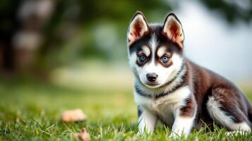 Cute husky puppy sitting in a green grassy area during a sunny day in a park photo