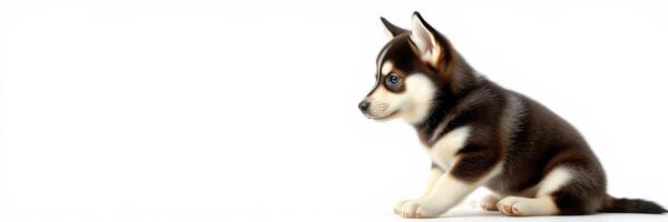 Playful husky puppy exploring indoors on a bright day, showcasing curiosity and energy photo
