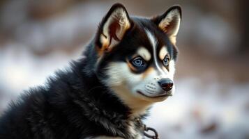 Cute husky puppy in a snowy forest, showcasing striking blue eyes and fluffy coat during winter's gentle ambiance photo