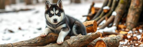 Cute husky puppy relaxing on logs in a snowy forest during wintertime photo