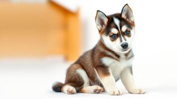 Cute husky puppy sitting on white surface with playful expression, showcasing beautiful coat and bright eyes in a cozy indoor setting photo