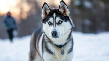 Siberian husky standing in the snow as a person jogs in the background during winter at sunset photo