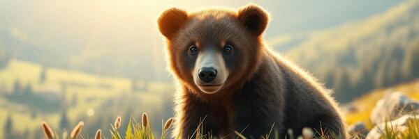 Brown bear cub sitting in a sunny meadow surrounded by mountains during the golden hour photo