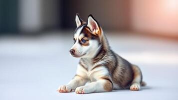 Cute husky puppy relaxing indoors in natural light with soft focus on background photo