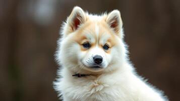 Fluffy white and cream-colored dog poses in a forest environment during the afternoon photo
