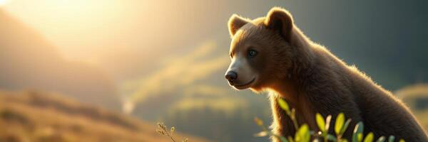 Young bear exploring nature during golden hour in a serene mountain landscape photo