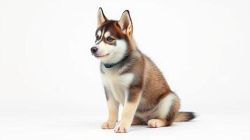 Cute young Siberian husky puppy sitting on a white background with playful expression and unique fur patterns photo
