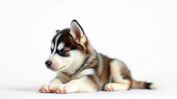Adorable husky puppy resting on a light background while curiously looking to the side in a studio setting photo