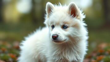 Fluffy white puppy exploring a forested area during a sunny afternoon in autumn photo