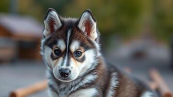 Fluffy husky puppy sitting on a wooden surface with a blurred natural background during daylight hours photo