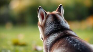 Husky dog enjoying quiet moments in a sunlit park during autumn photo