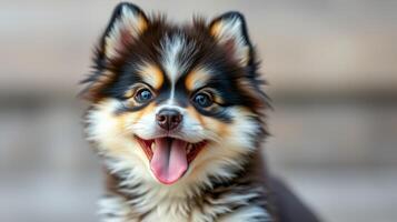 Happy fluffy puppy with a playful expression enjoying a sunny day outdoors in a friendly atmosphere photo