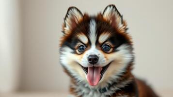 Happy pomeranian puppy with a playful expression in a bright indoor setting photo