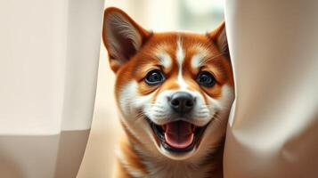 Happy corgi puppy peeking through white curtains in a cozy indoor setting during daylight photo