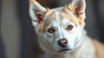 Adorable close-up of a fluffy dog with bright eyes and a curious expression indoors photo