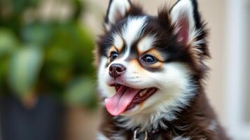 Happy small dog enjoying a sunny day outdoors with vibrant greenery in the background and a playful expression photo