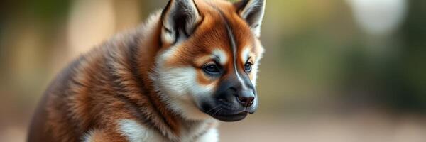 Puppy with brown and white fur sits calmly in an outdoor setting during early morning light photo