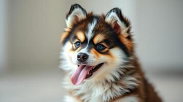Playful fluffy dog with a joyful expression in a bright indoor setting during the day photo