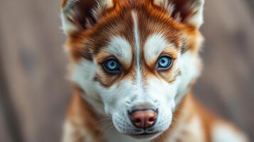 Siberian Husky puppy with striking blue eyes poses for close-up in natural light photo