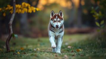 Siberian husky walks confidently along a forest path during autumn afternoon light photo