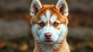 Husky puppy with striking blue eyes stands confidently in a blurred outdoor setting during golden hour photo