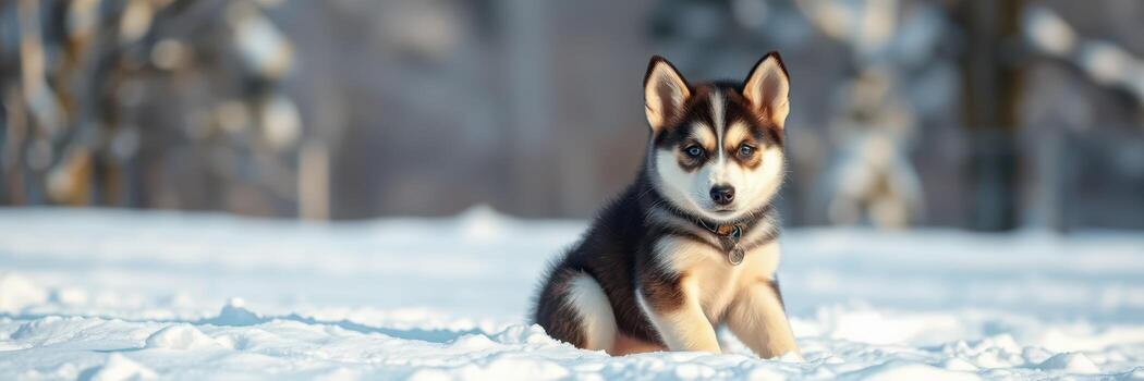 Cute husky puppy playing in the snow during winter in a forest setting photo