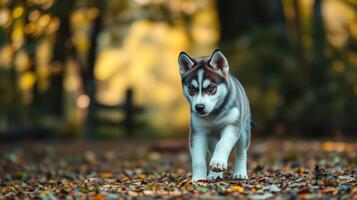 Husky puppy exploring a forest path covered with autumn leaves during a sunny afternoon photo