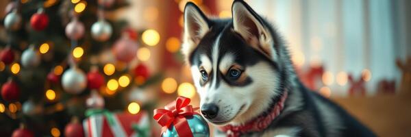 Cute husky puppy playing with a gift in front of a decorated Christmas tree during the holiday season photo