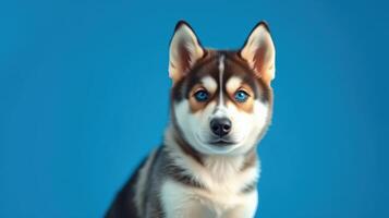 Siberian husky with striking blue eyes posed against a bright blue background during a studio session photo
