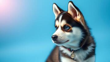 Adorable husky puppy with striking blue eyes posing against a bright blue background in a studio setting photo