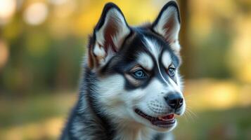 Beautiful husky puppy with striking blue eyes enjoying a sunny afternoon in a park setting photo