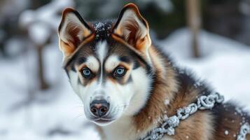 Majestic husky stands in a snowy forest, showcasing its striking features and winter coat photo