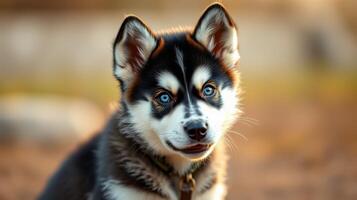 Cute husky puppy with bright blue eyes and a playful expression in a natural setting during golden hour photo