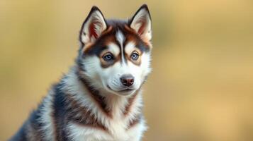 Beautiful husky puppy sits calmly in a serene outdoor setting during golden hour photo
