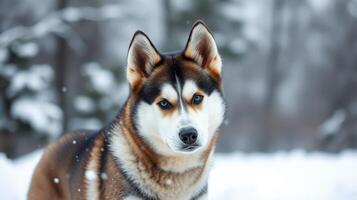 Beautiful husky stands majestically in a snowy forest landscape on a winter day photo