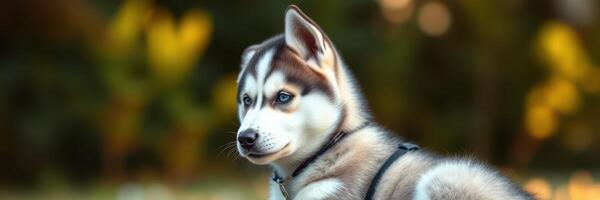 Adorable puppy enjoys a sunny day in a lush garden surrounded by vibrant flowers and greenery photo