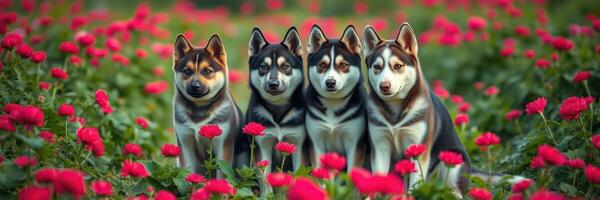 Four playful dogs posing amidst vibrant red roses in a sunny garden photo