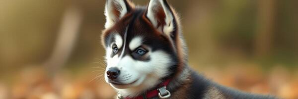 Playful husky puppy with striking blue eyes enjoying the autumn outdoors in a natural setting photo