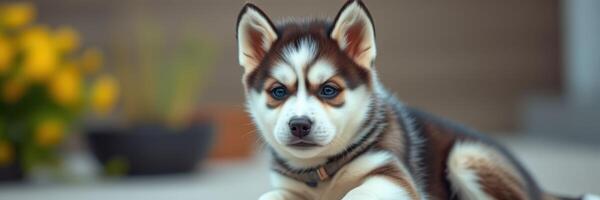 Cute puppy with striking fur pattern relaxing in a garden during sunny afternoon photo