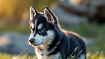 Playful husky puppy exploring a grassy field during golden hour under a warm sunset glow photo