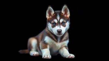 Cute husky puppy relaxing against a solid black background during a calm indoor moment photo