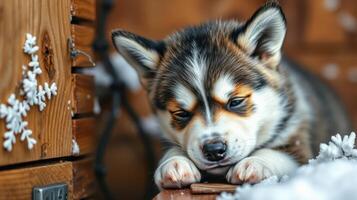 Cute puppy plays in winter wonderland with snowflakes and wooden surroundings photo