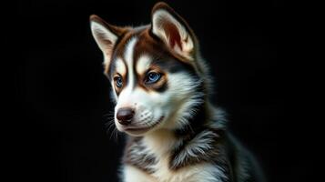 Husky puppy with striking blue eyes poses against a dark background, showcasing unique fur patterns and playful demeanor photo