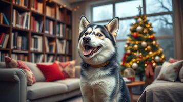 Happy husky poses in a cozy living room decorated for Christmas with a festive tree and shelves filled with books photo
