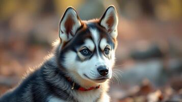 Playful young husky enjoying a sunlit moment in the forest during early autumn photo