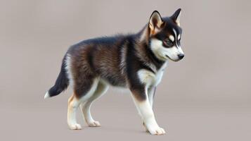 Cute husky puppy walking on a neutral background showcasing its playful nature and fluffy coat photo