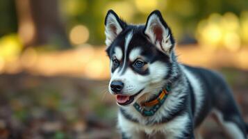 Playful husky puppy exploring a sunlit wooded area during springtime photo