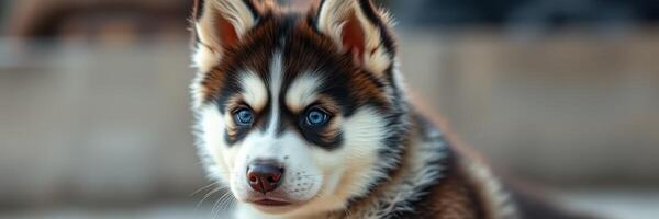Cute puppy sits calmly on a sunny day, showcasing its striking fur patterns and bright blue eyes in a park setting photo
