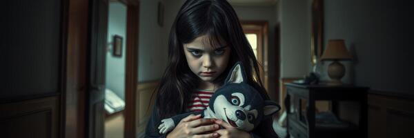 Mysterious young girl in eerie hallway holding stuffed toy during dusk hours photo