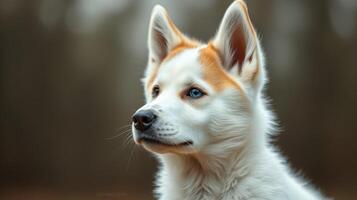 Beautiful white and orange dog with blue eyes poses in a natural setting during a peaceful afternoon photo